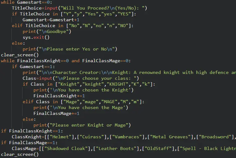 Photo showcasing the code behind Cody's Python Text-Based game