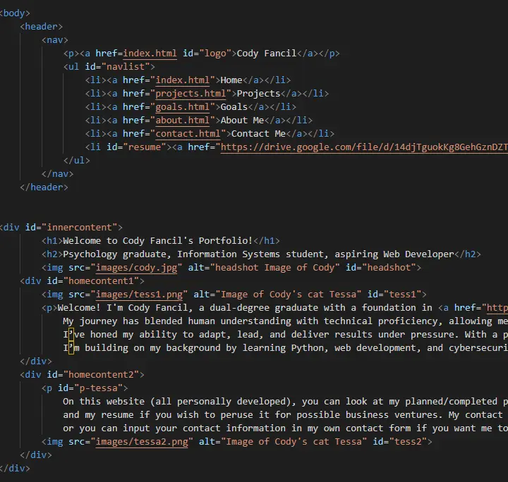 Image depicting the outdated code of this portfolio website
